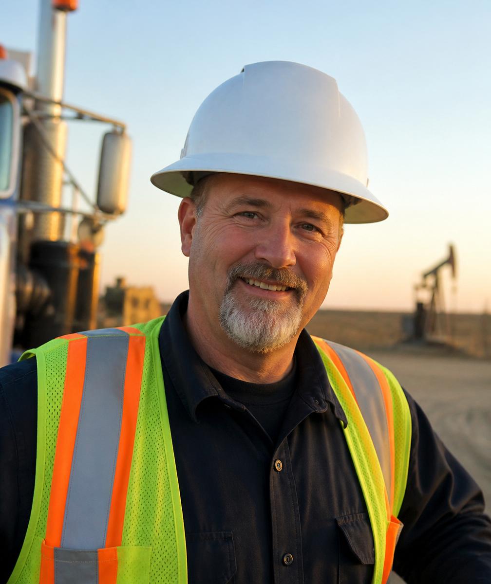 Portrait of a Sandy's Oilfield Hauling driver in hi-vis and hardhat