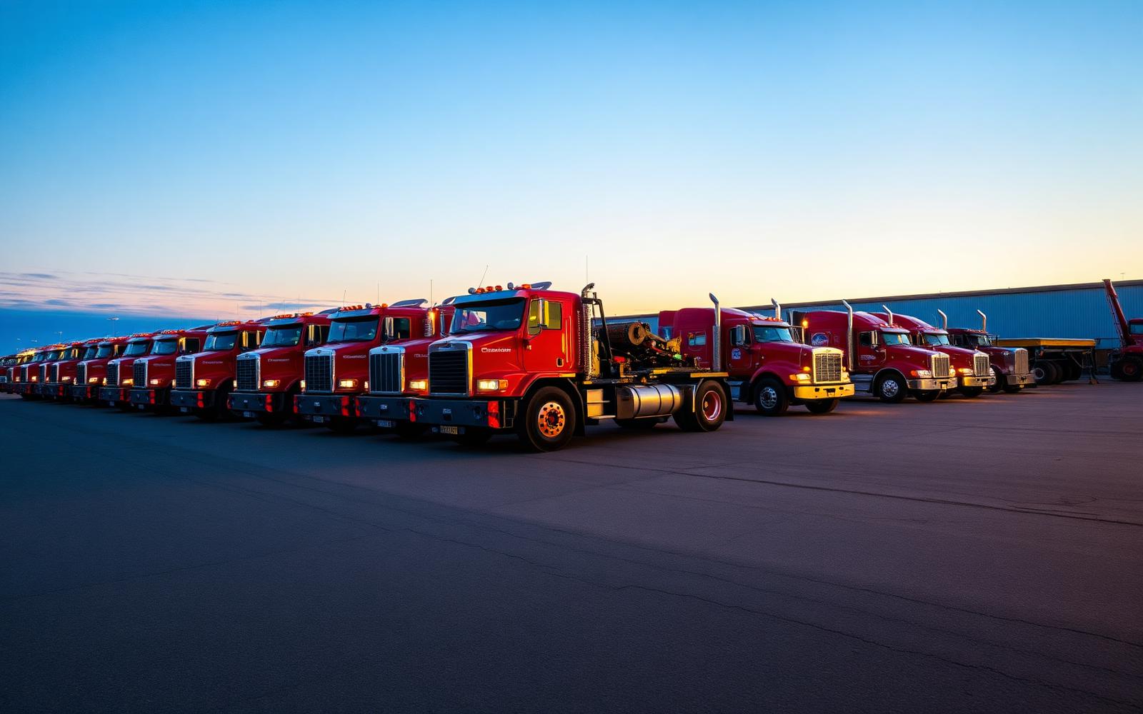 Sandy's fleet of red heavy trucks lined up at the Nisku yard